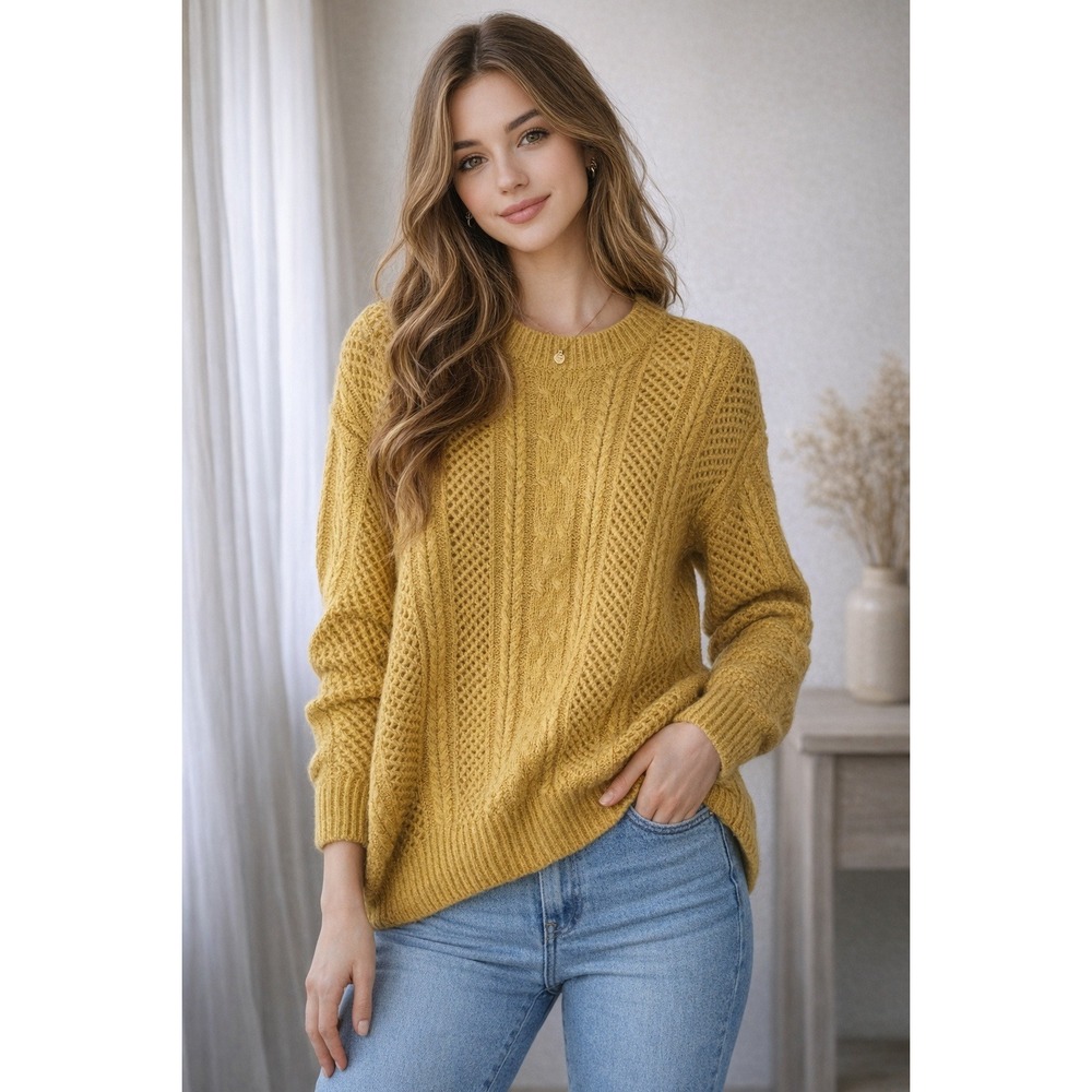 Scandi cable-knit Mustard Yellow Sweater Women's XS Softgirl Cottage Granola Y2K